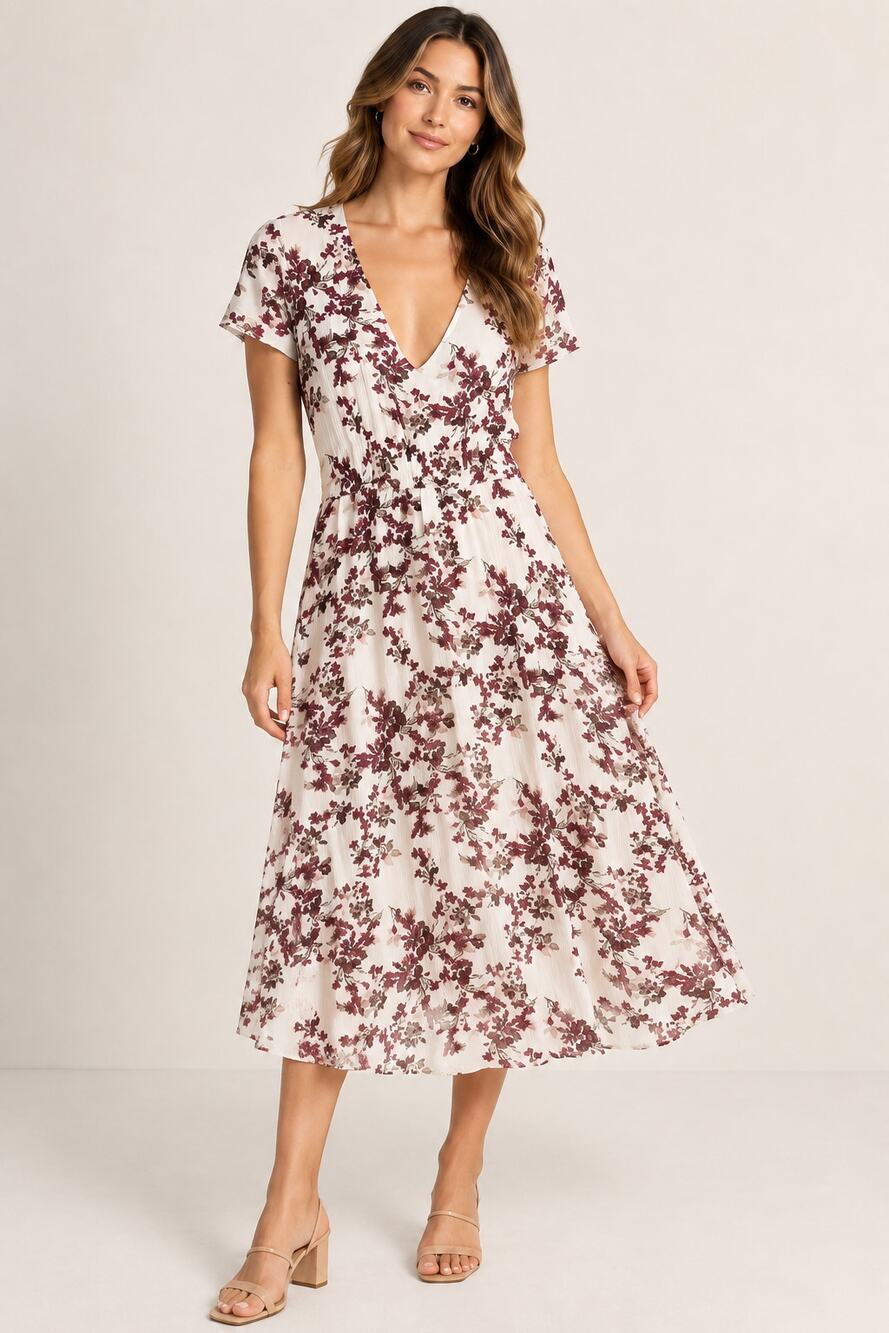 WAYF Floral Maxi Dress Small Ivory Burgundy V Neck Short Sleeve Boho